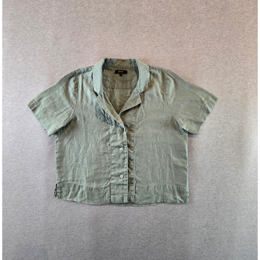 Quince Camp Shirt Women Small Sage Green 100% European Linen Short Sleeve Boxy
